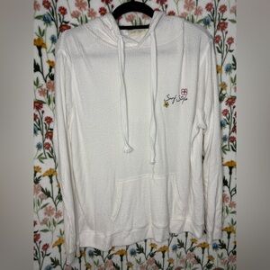 surf style White Waffle Knit Hooded Sweatshirt with Embroidered Flowers